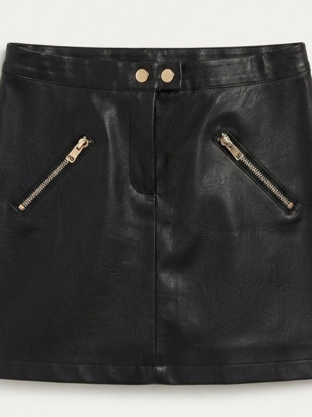 Shinestar Black Faux Leather Mini Skirt with Gold Zipper Detail